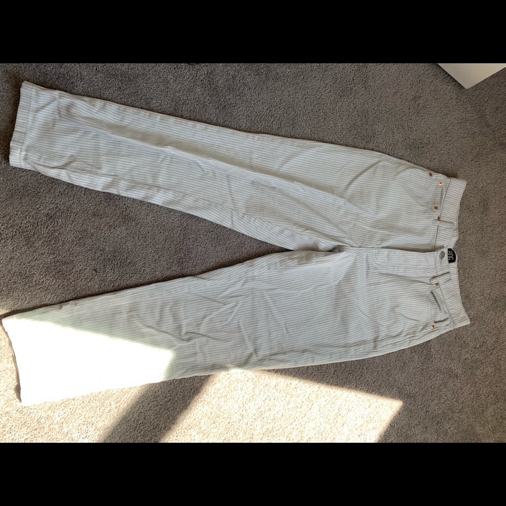 grey and white striped pants